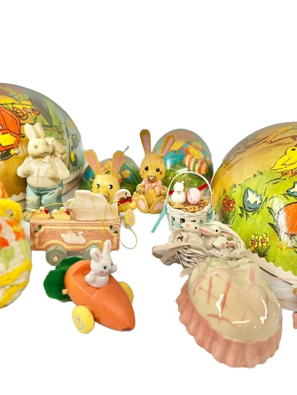 Vtg Easter Ornaments Wood Dakin Crochet Paper Mache Egg Chick Bunny Rabbit Lot